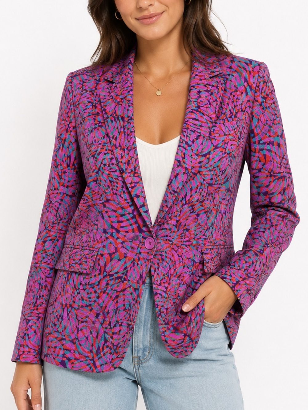 Lili Sidon Abstract Print Blazer Jacket Purple Pink Teal One Button Size S